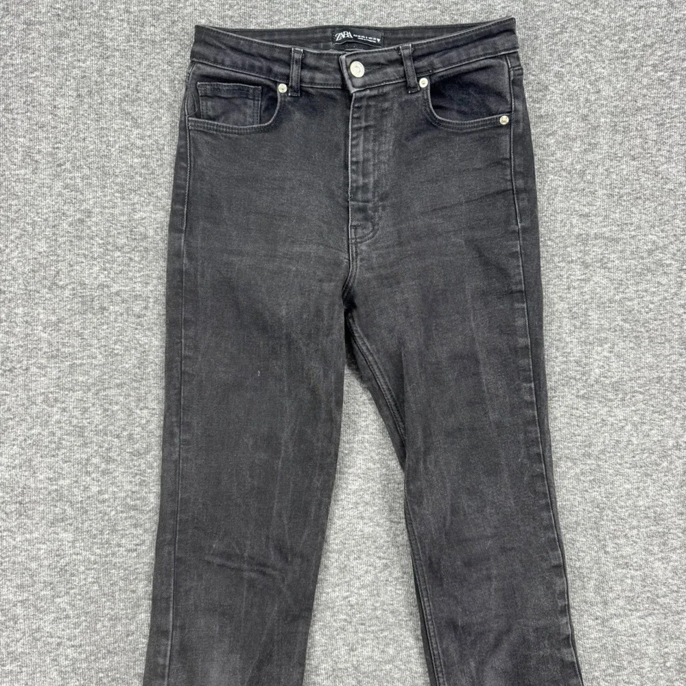 Zara Womens High Rise Kick Flare Jeans Washed Black Side Slit Hem Size 6‎